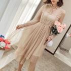 Tie Neck Long-sleeve Mesh Midi Dress