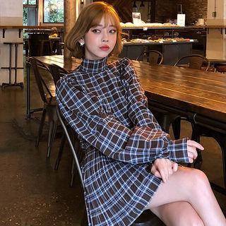 High-neck Plaid Cotton Blouse