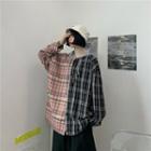 Long-sleeve Color Block Plaid Hooded Shirt