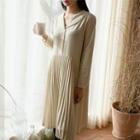 Shawl-collar Pleated-hem Midi Dress