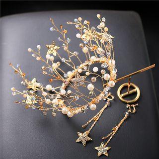 Set: Wedding Rhinestone Star Tiara + Star Fringed Clip-on Earring