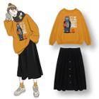 Bear Print Pullover / Midi A-line Skirt