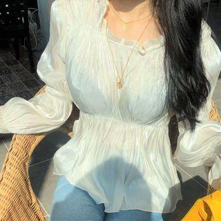 Long-sleeve Iridescent Frill Trim Top White - One Size