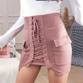 Lace-up Mini Knit Pencil Skirt