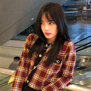 Plaid Cropped Button-up Jacket Wine Red - One Size