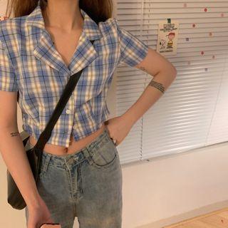 Plaid Short-sleeve Slim-fit Cropped Shirt