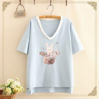 V-neck Rabbit Print Short-sleeve Top