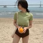 Set: Cutout-detail Color-block Swimsuit + Round-neck T-shirt