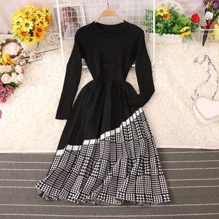 Houndstooth Panel A-line Knit Dress