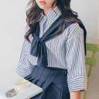 Striped Elbow-sleeve Shirt With Shawl