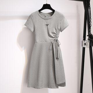 Short-sleeve Heart Embroidered Drawstring A-line Dress