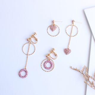 Non-matching Rhinestone Hoop / Heart Dangle Earring