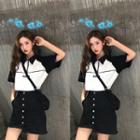 Color-block Lettering Short-sleeve Polo-shirt / Plain Buttoned Skirt