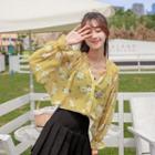 Long-sleeve Floral Print Sheer Blouse Yellow - One Size