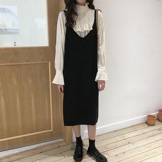 Ruffle Long-sleeve Loose-fit Blouse / Plain Sleeveless Dress