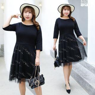 3/4-sleeve Sequin Mesh Overlay Knitted Dress