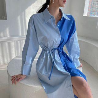 Drawstring-waist Two-tone Shirtdress