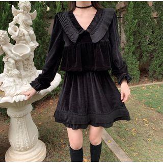 Velvet Ruffle V-neck Long-sleeve Top / Mini Skirt
