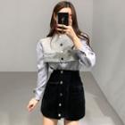 Plain Blouse / Cropped Knit Vest / Mini Straight-fit Skirt / Set