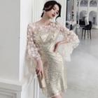 Bell-sleeve Sequined Cocktail Sheath Dress