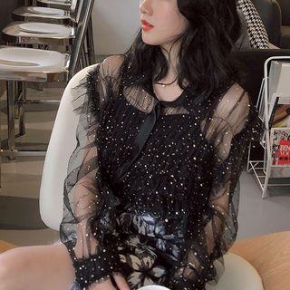 Sequined Frilled Mesh See-through Long-sleeve Blouse