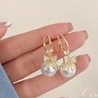 Faux Pearl Bow Drop Earring B2-1-3 - 1 Pair - Gold & White - One Size
