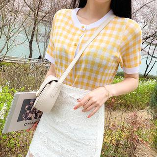 Short-sleeve Check Knit Cardigan