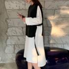 Long-sleeve Slit Midi Shirt Dress / Plain Vest