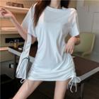 Short-sleeve Drawstring Mini T-shirt Dress White - One Size