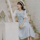 Bell-sleeve Top / Plaid Midi A-line Overall Dress / Set