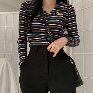 Long-sleeve V-neck Striped Top Navy Blue - One Size