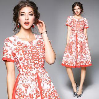 Short-sleeve Floral Print Tie-waist A-line Sheath Dress