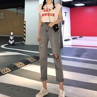 Set: Cap-sleeve Lettering T-shirt + Harem Jeans