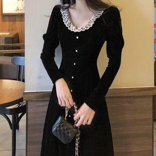 Long-sleeve Button Midi A-line Velvet Dress / Top
