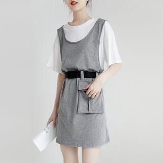 Set: Elbow-sleeve Mini A-line T-shirt Dress + Belt Bag