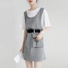 Set: Elbow-sleeve Mini A-line T-shirt Dress + Belt Bag