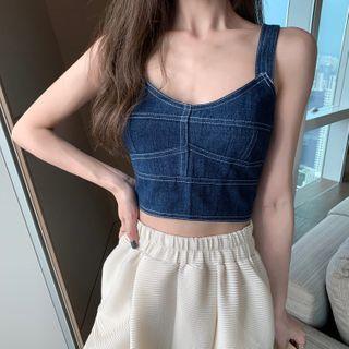 Sleeveless Denim Cropped Top / High-waist Plain Pants