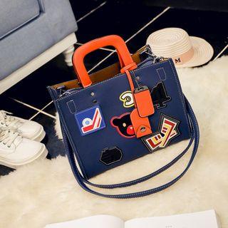Patch Embroidered Color Panel Shoulder Bag