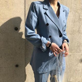 Padded-shoulder Double-breasted Linen Blazer
