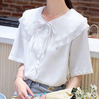 Short-sleeve Layered Collar Buttoned Chiffon Blouse