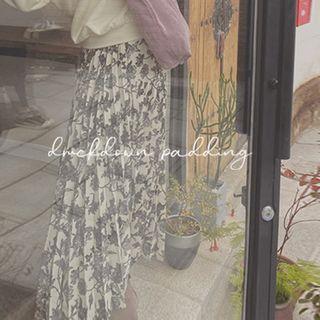 Band-waist Accordion-pleat Long Floral Skirt