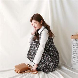 Inset Sleeveless Floral Print Dress Long-sleeve Shirt