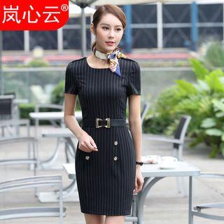 Buttoned Short-sleeve Pencil Dress