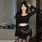 Long-sleeve Crop Top / Side-slit Mini Pencil Skirt / Waist Chain / Set