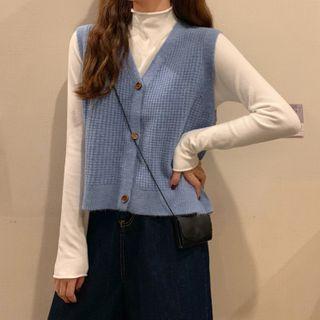 Waffle Knit Vest / Mock-neck Plain Knit Top