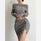 Set: Off-shoulder Cropped Sweater + Button-up Knit Mini Pencil Skirt