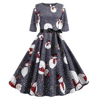 Elbow-sleeve Snowman-print Sashed A-line Dress