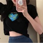 Heart Print Short-sleeve T-shirt / Side-slit Mini Denim Skirt