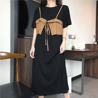 Short-sleeve Mock Two-piece Midi A-line Dress Black - One Size