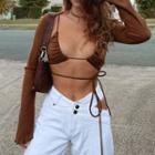 Plain Long-sleeve Cut-out Tie-front Top